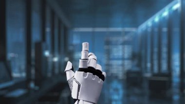 Bir robot el dijital ağ ile etkileşime girer, gelişmiş teknoloji ve yapay zekayı göstererek modern ofis ortamında küresel bağlantıyı vurgular. Auvana