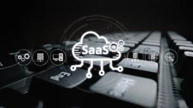 SaaS 'ın dijital ortamda altyapı, SaaS konuşlanma, SaaS platform özellikleri ve SaaS entegrasyon modelini gösteren görsel temsili. Muxer