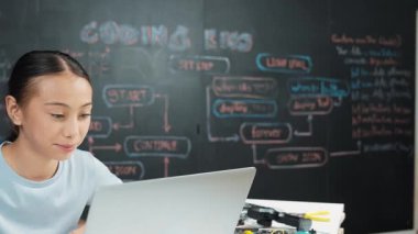 Kara tahtada dizüstü bilgisayar kullanarak akıllı kız programlama sistemi. Lise öğrencisi mühendislik kodları yazıyor ya da STEM teknoloji sınıfındaki kameraya bakarken bir şey söylüyor. Yaratıcı eğitim. Öğretim