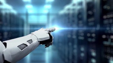 Gösterişli bir veri merkezindeki yapay zeka sohbet robotu arayüzünü gösteren robot bir el, gelişmiş teknolojinin insan benzeri etkileşim ve otomasyon ile birleştirilmesini gösteriyor. Auvana