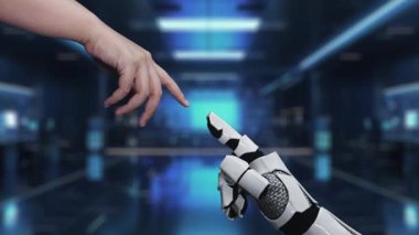 Bir insan eli, yapay zeka elementleriyle parlayan bir dünyanın üzerinde, teknoloji ve insan zekası arasındaki işbirliği ve sinerjiyi temsil eden bir robot ele uzanır. Auvana