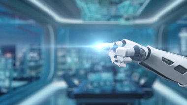 Robotik bir el, çağdaş ofis ortamında gelişmiş dijital etkileşimi sembolize eden veri yönetim simgeleriyle parlayan bulut teknolojisini işaret ediyor. Auvana