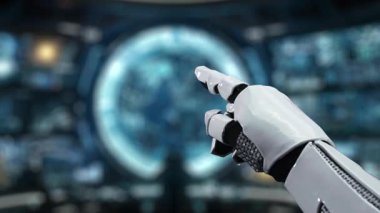 Parlayan yapay zeka sohbet robotu arayüzüne doğru uzanan robot bir el, yüksek teknolojili dijital ortamda teknoloji ve insan etkileşiminin karışımını vurguluyor. Auvana