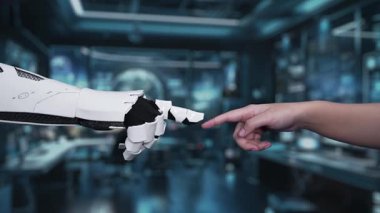 Küresel bağlantıların dijital arka planına uzanan bir insan ve robot eli gösteren fütüristik bir sahne. Bu, insan-robot işbirliğini vurguluyor. Auvana