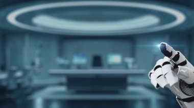 Fütüristik bir robot el dijital güvenlik arayüzüne bağlanıyor. Kilit sembolü sergiliyor, veri koruması ve yüksek teknolojili yenilik temalarını vurguluyor. Auvana