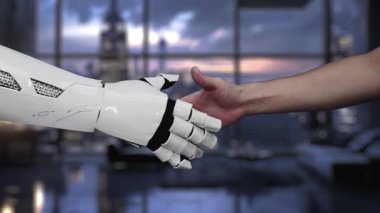 Veri görselleştirmesi ve yenilik unsurlarını gösteren holografik bir arayüze uzanan üretici yapay zeka teknolojisini tasvir eden modern bir ofis sahnesi. Auvana