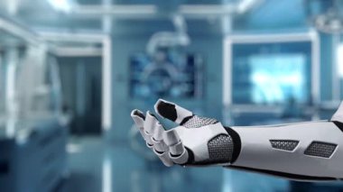 Robotik eli kapat, avuç içini aç ve DNA hologramı yüzsün. Tıbbi verilere erişip belirtilere bağlanırken DNA holografiğini gösteren bir el. Genetik konsept. Sağlıklı..