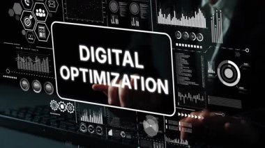 Grafiksel Veri Görselleştirme Elemanları ve Klavyede Yazan Eller ile Ekranda Gösterilen Dijital İyimserleştirme Konsepti. Asemptotik akıllı veri analitiği.