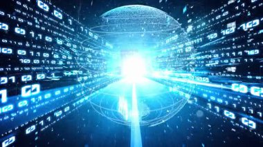 Fütürist küresel ağ ve dijital veri transferi 3D grafik. Yeni bilgi çağındaki küresel eğilimleri değiştiren akıllı dijital dönüşüm ve teknoloji bozulması kavramı .