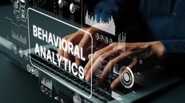 Modern Ofis Ortamı 'nda Davranış Analitik Arayüzü ve Veri Görselleştirme Elementleri ile Dizüstü Bilgisayarda Yazan Eller. Asemptotik akıllı veri analitiği.