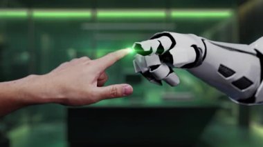 Bir insanın elleri ve robotik bir kol, modern ofis ortamında net sıfır hedef ve çevresel sürdürülebilirliği temsil eden parlayan yeşil bir küre ile etkileşim halindedir. Auvana