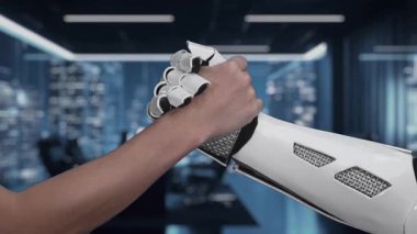 İnsan eli ve robotik el, gelecekteki çalışma alanında çağdaş veri paylaşımı, yenilik ve kusursuz teknoloji etkileşimini görsel olarak temsil eden parlak bir dijital buluta yaklaşır. Auvana