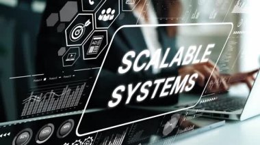 Teknoloji ve Yenilik Konsepti için Ölçeklenebilir Sistemler Metni ve Dijital Arayüz Elementleri kullanan İşadamı. Asemptotik akıllı veri analitiği.