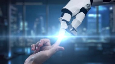 Bir robot el dijital güvenliği sembolize etmek için uzanıyor, modern ofis ortamında bir kilit grafiği ve yenilikçi teknolojiyi temsil ediyor, veri korumasını vurguluyor. Auvana