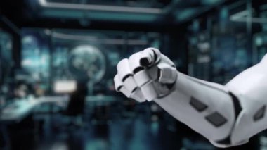 Fütüristik bir robot el, modern çalışma alanı ortamında gelişmiş teknoloji ve yapay zekayı temsil eden yapay bir sohbet robotu arayüzü ile etkileşir. Auvana