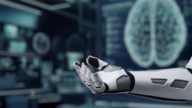 Beyin hologramı yüzerken bir avuç içi açık robot eli kapat. Robot el, teşhis koymak için tıbbi verilere erişip bağlantı kurarken beyin hologramını sunuyor. Sağlıklı..
