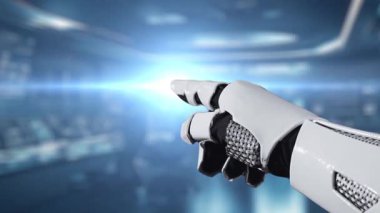 Zarif bir robot el, gelişmiş insan-bilgisayar etkileşimini ve teknolojisini sembolize eden mavi insan ikonları ve bir dünya haritasını içeren yüksek teknolojili dijital ekran ile etkileşir. Auvana