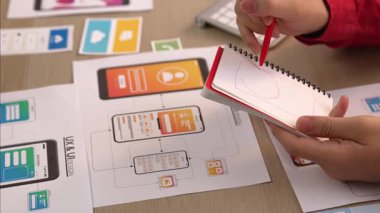 Mobil uygulama ya da web sitesi için kullanıcı arayüzü prototipi planlayan şirket çalışanlarının panorama videosu. UX UI tasarım beyin fırtınası kullanıcı dostu arayüz planı tasarlıyor. Sinerjik