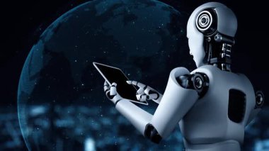 Büyük veri analizi için tablet bilgisayar kullanan robot insansı yapay zeka, yapay zeka ve 4. endüstriyel devrim için makine öğrenme yöntemlerini kullanıyor. 3B görüntüleme.