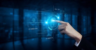 Biyometrik kilit ve veri korumasıyla siber güvenlik sistemi arayüzü. Siber güvenlik erişim, kimlik, siber güvenlik tehditleri önler ve siber güvenlik dijital sistemleri destekler. Kefil