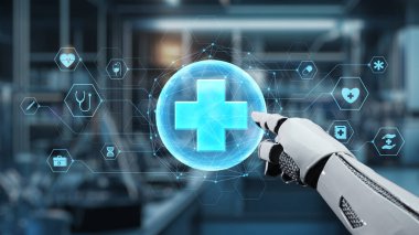 Robotik el işaretini kapat ve bulanık laboratuvar geçmişine sahip çapraz holograma dokun. Tıbbi verilere erişmek ve onları teşhis etmek için robot el tıklaması. Sağlıklı..