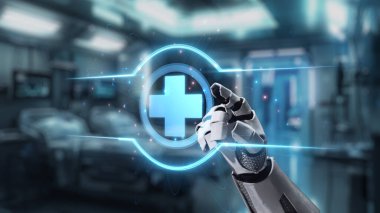 Robotik el işaretini kapat ve bulanık laboratuvar geçmişine sahip çapraz holograma dokun. Tıbbi verilere erişmek ve onları teşhis etmek için robot el tıklaması. Sağlıklı..