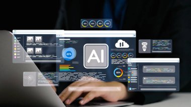 Modern bir dizüstü bilgisayarda analiz edilen yapay zekanın büyüleyici bir temsili, profesyonel bir ortamda kullanıcı arayüzlerini, veri içgörülerini ve dijital grafikleri vurguluyor. Dörtgen