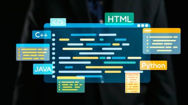 Bu canlı dijital sanat eseri yazılım geliştirme ve teknolojinin dinamik dünyasını temsil eden çeşitli programlama dilleri ve parçalarla kodlama arayüzü tasvir etmektedir. Dörtgen
