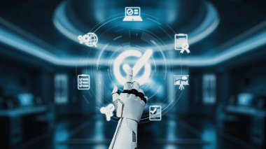 Fütürist bir robot el, yüksek teknolojili bir ortamda yenilik ve veri analizini sembolize eden çeşitli simgelerin yer aldığı dijital bir arayüzle meşgul oluyor. Auvana