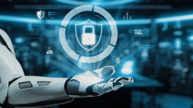 Robot bir kol, kalkanlar ve kilitler de dahil olmak üzere dijital güvenlik simgeleri sergiliyor. Bu görüntü, modern teknolojideki siber güvenlik ve dijital korumanın geleceğini somutlaştırıyor. Auvana