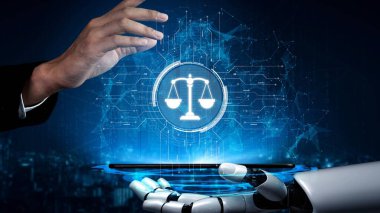 Adalet ölçeğini gösteren fütürist dijital hukuk arayüzü, dijital hukukun altını çizen, AI uyumu, dijital hukuk sistemleri ve güvenli yönetim için dijital hukuk düzenlemeleri. Muxer