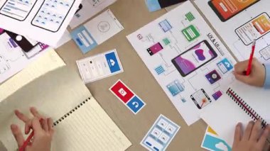 Mobil uygulama ya da web sitesi için kullanıcı arayüzü prototipi planlayan şirket çalışanlarının en iyi görünüm videosu. UX UI tasarımcı beyin fırtınası kullanıcı dostu arayüz planı. Sinerjik