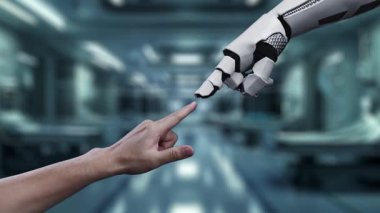 Robot ve insan elini uzatıyorlar ve kalp hologramıyla hareket ediyorlar. Bulanık laboratuvar geçmişini işaret ederken robot el ve insanın birlikte çalışmalarına yakın çekim. Sağlıklı..