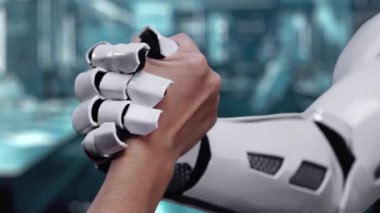 Robot eli kapat ve insan eli DNA hologramıyla tokalaş. Yapay zeka ve insan birlikte çalışıyor ya da DNA hologramıyla anlaşmalar yapıyor. Bulanık laboratuvarda yüzüyor. Takım çalışması. Sağlıklı..