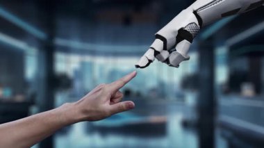 Robot bir kol, modern ofis ortamında kalite güvencesi ve işbirliğini sembolize eden işaretli ve parlayan yıldızlı sanal bir rozete işaret ediyor. Auvana