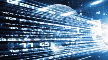 Fütürist küresel ağ ve dijital veri transferi 3D grafik. Yeni bilgi çağındaki küresel eğilimleri değiştiren akıllı dijital dönüşüm ve teknoloji bozulması kavramı .