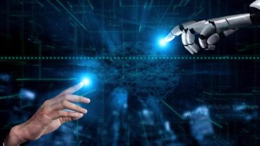 İnsan elinin robot ele uzanan büyüleyici bir görüntüsü, programlama kodunun arka planına karşı, teknolojideki insan-robot işbirliğinin geleceğini gösteriyor. Xenic