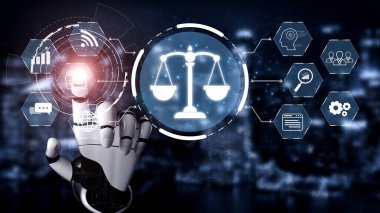 Adalet ölçeğini gösteren fütürist dijital hukuk arayüzü, dijital hukukun altını çizen, AI uyumu, dijital hukuk sistemleri ve güvenli yönetim için dijital hukuk düzenlemeleri. Muxer