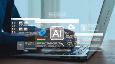 Teknolojinin geleceğini yansıtan yapay zeka unsurları ve iş analizleriyle modern bir çalışma alanında kullanılan bir dizüstü bilgisayarın yakın plan görüntüsü. Dörtgen