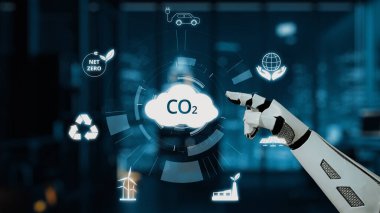 Gösterişli bir modern ofiste karbondioksit azaltımını ve sürdürülebilirliği temsil eden dijital sembollerle uğraşan bir robot el, çevre teknolojisindeki gelişmeleri gösteriyor. Auvana