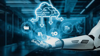 Bir robot el, modern teknolojide veri yönetimi, bağlantı ve otomasyonun geleceğini gösteren bulut altyapısının sanal sembollerine uzanıyor. Auvana