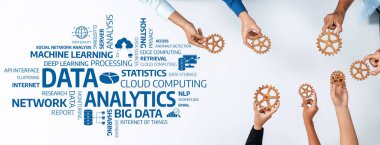 Veri analizinde dinamik bir görsel gösteri ekibi çalışması yapın. Elle çalışan dişliler, en uygun sonuçlar için teknoloji ve iş bütünleşmesini sembolize eder. Dostluk