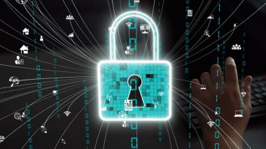 Bu resim dijital güvenliği temsil eden, çeşitli veri simgeleriyle çevrili bir kilit simgesini gösteriyor. Günümüz dünyasında siber güvenlik ve mahremiyetin önemini vurguluyor. Xenic