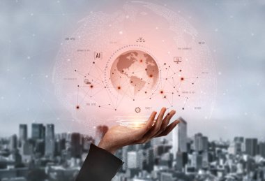 Küresel AI ağı, dijital dünya üzerindeki AI, küresel ve ağ elemanları arasındaki bağlantıyı göstermektedir.