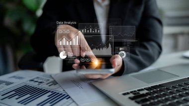 Organizasyonlarda karar verme, gelir takibi ve stratejik planlama için tablolar, istatistikler ve performans ölçümlerini gösteren iş veri analizi paneli