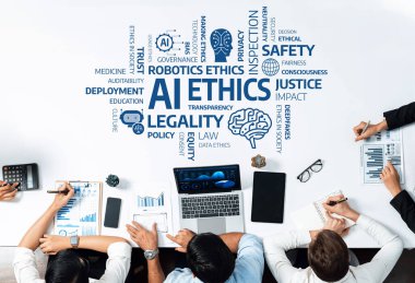 Bu resim yapay zeka etiğinin, güvenin, güvenilirliğin ve teknolojinin toplum üzerindeki etkisinin altını çizerek, şeffaflık ve uyuma odaklanarak, önemli temalarını araştırmaktadır. Dostluk