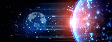 Küresel AI ağı, dijital dünya üzerindeki AI, küresel ve ağ elemanları arasındaki bağlantıyı göstermektedir.