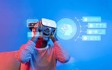 Sanal gerçeklik teknolojisiyle ilgilenen bir insan, yapay zekanın ve yenilikçi dijital deneyimlerin kesişimini modern bir ortamda sergiliyor. XDMCP