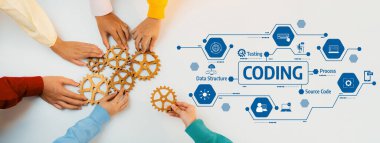 Elleri biraraya gelerek programlama ve geliştirme süreçlerinin anlaşılmasını geliştirmek için kodlama elementleri teknolojide işbirlikçi bir çaba gösterirken vites düzenler. Dostluk