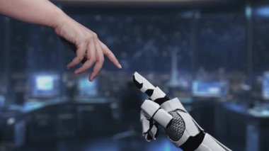 Dijital siber güvenlik ortamında insan eliyle robot el arasındaki etkileşimi gösteren kavramsal bir video, veri koruması ve yeniliği vurguluyor. Auvana